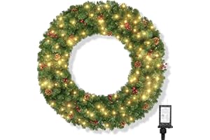 Brightown 48 inch Christmas Wreath Outdoor Decoration, Large Artificial Wreath with Lights, 200LED, 440 PVC Tips, Power Plug-in