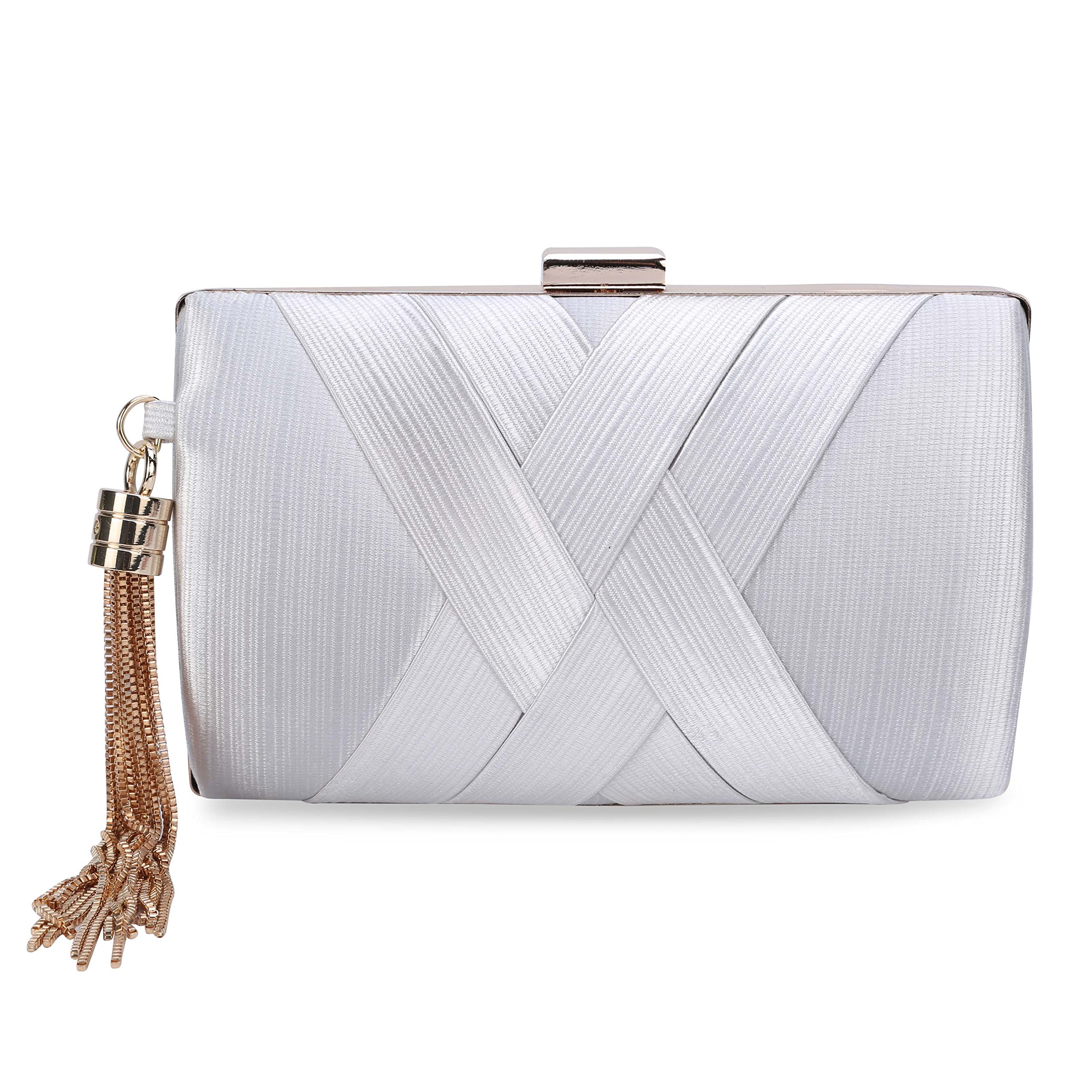 SYMALL Women Handbag with Fringes Tassels Elegant Evening Bag for Women Wedding Party Evening Bridal Bag Vintage Retro Silk 17cm * 7cm * 10cm, Silver