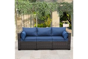 VALITA 3-Seat Patio PE Wicker Couch Furniture Outdoor Brown Rattan Sofa with Washable Blue Cushions