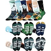 Eurzom 6 Pairs Funny Hiking Socks for Men Novelty Hike Theme Cotton Crew Socks Birthday Holiday Father's Day Gift for Outdoor Hiking Lover