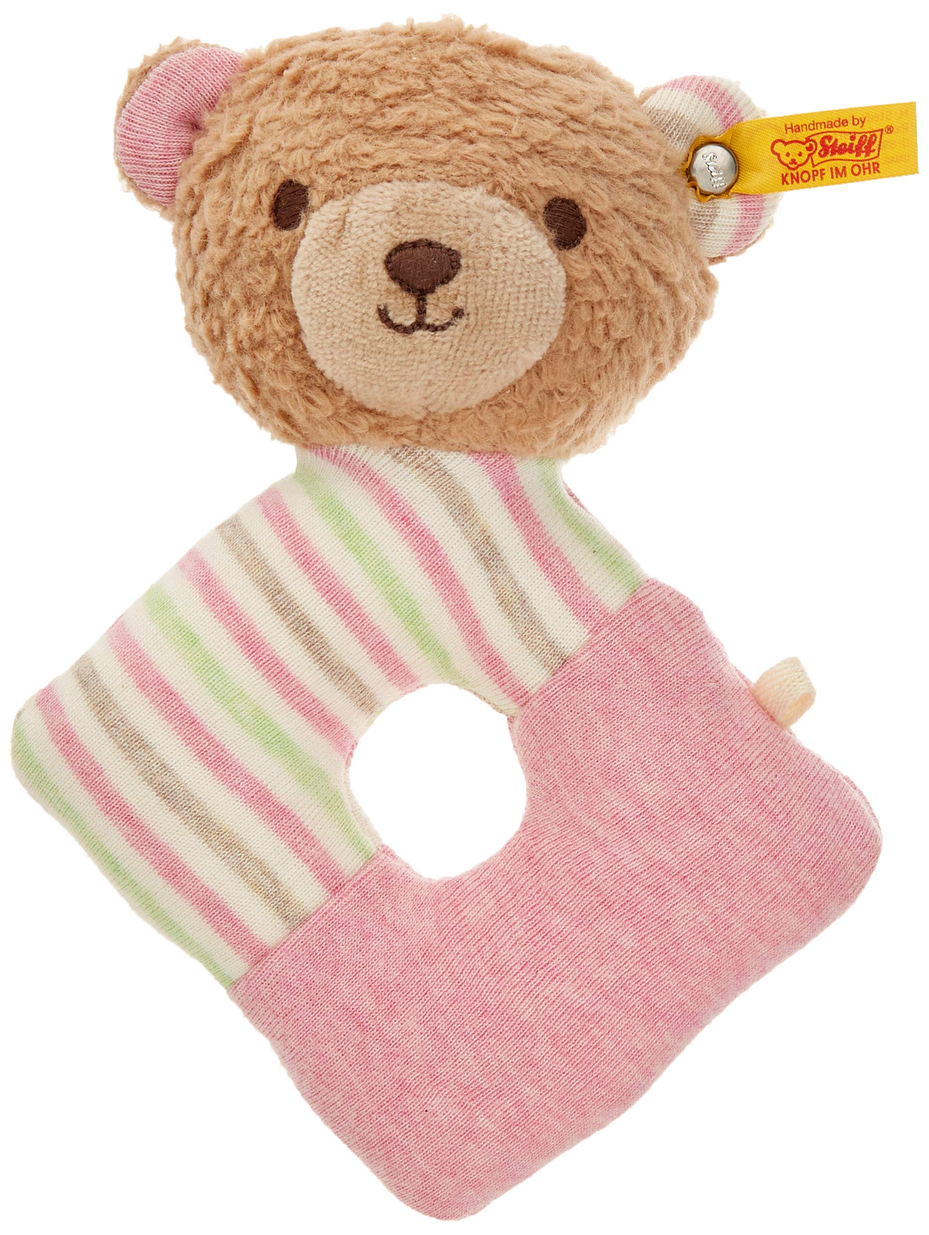 Steiff 242175 Teddy Bear Rosy, Baby Grip Ring 15 cm, Plush Grip Ring for Babies and Toddlers, GOTS Plush Toy for Playing & Learning, Original Stuffed Toy with Button in Ear, Washable, Light
