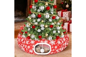 FODAHRWS 3-in-1 Red Christmas Tree Cat Tunnel, 3ft x 3ft x 10 in Christmas Tree Skirt Bed with Donut Cave & Hanging Ball, Washable Soft Plush Tunnel Bed for Indoor Cats Play, Xmas Tree Protect and Decor