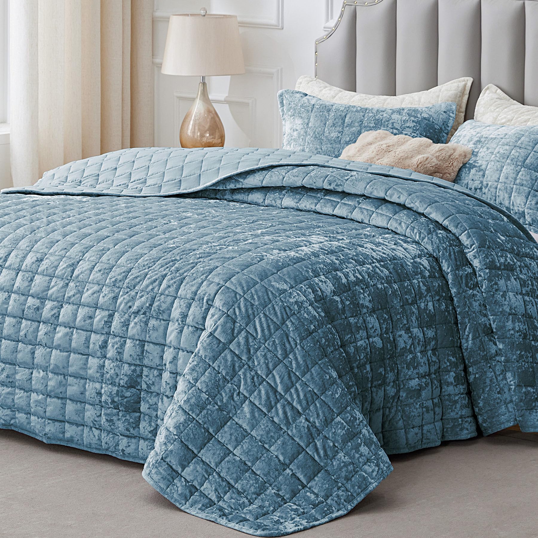 Photo 1 of BEDELITE Velvet Quilt Set Queen Size - Luxury Velvet Comforter Bedding Set 3 Pieces, Soft Cozy Dusty Blue Oversized Bedspread Coverlet for All Seasons with 2 Pillow Shams