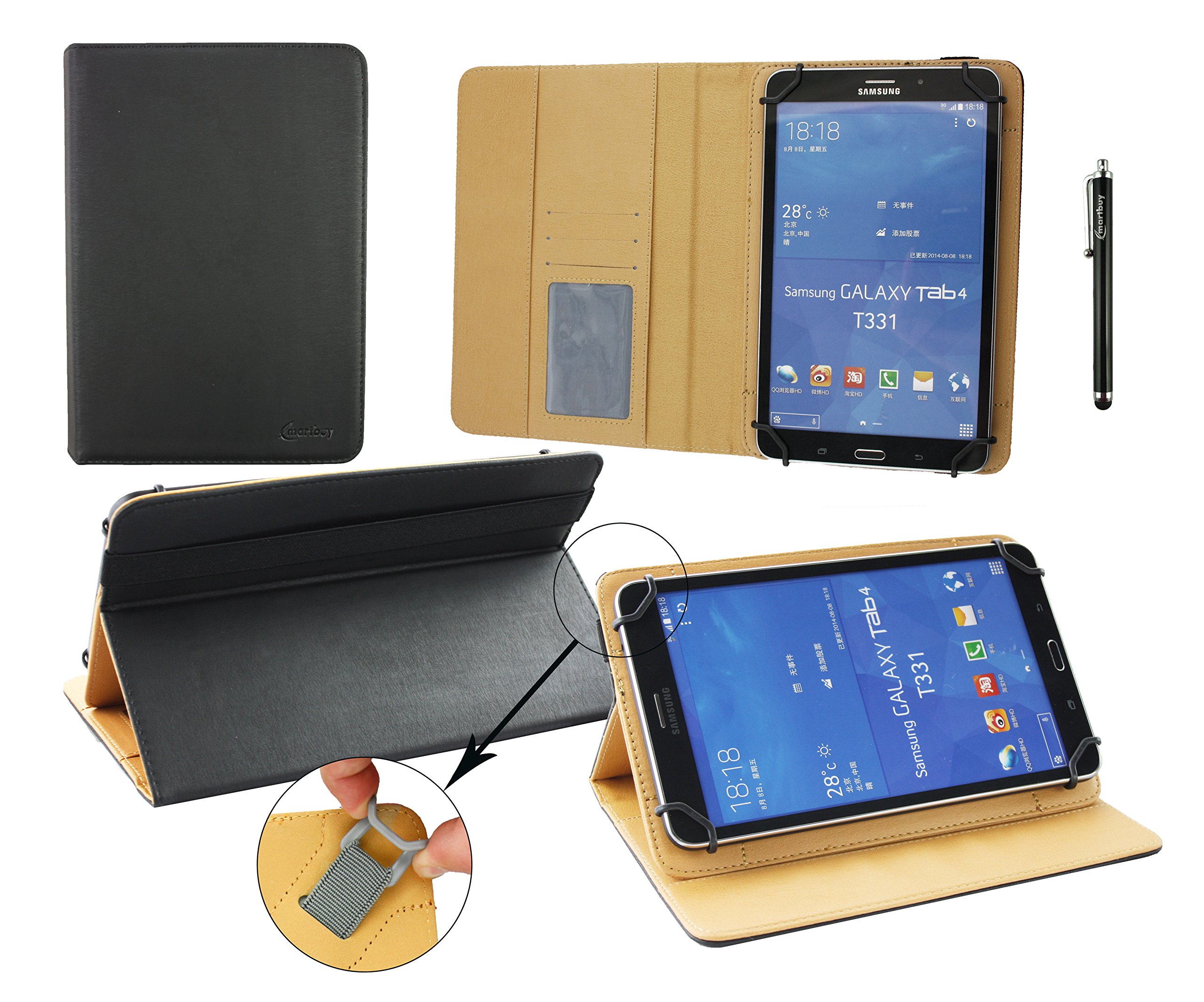Emartbuy Universal 11.6-12.5 Inch Black Multi Angle Folio Wallet Case Cover With Card Slots Tan Interior Black Elastic Strap and Stylus Pen Compatible With Selected Devices Listed Below