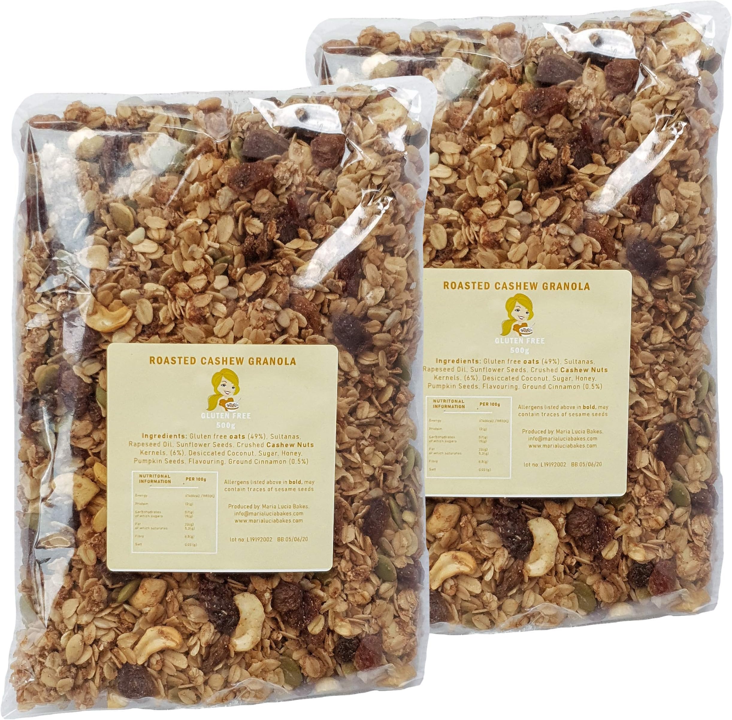 Roasted Cashew Granola (1kg) with Sultanas, Coconut & Cinnamon - No Gluten, Wheat or Dairy - Healthy & Natural Nutty Breakfast Cereal - 2 x 500g - by Maria Lucia Bakes