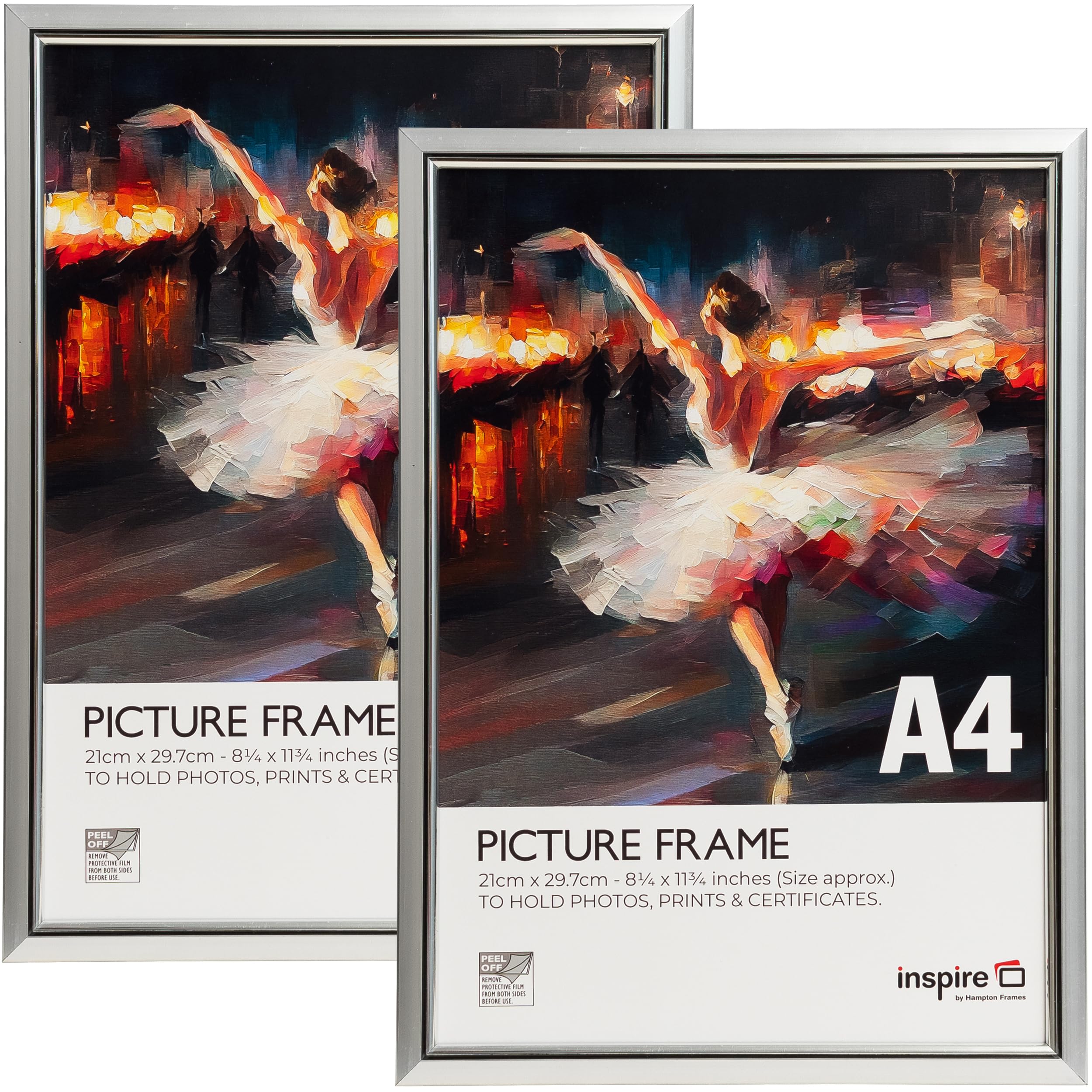 inspire by Hampton Frames | 2-Pack A4 Picture Poster Frames (21x30cm), Silver, Plastic, Acrylic Front | Wall Mount/Freestanding | For Certificates & Photos
