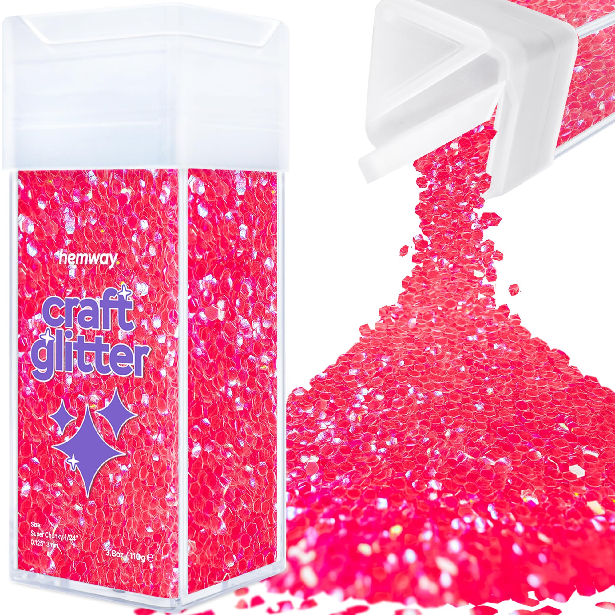 Hemway Glitter Shaker Fluorescent Pink 110g Super Chunky, Craft Glitter Shaker for Resin & Epoxy Crafts, Christmas Art Supplies, Nail, Body, Face, Eye, Festival, Crafting, Slime, Sparkle