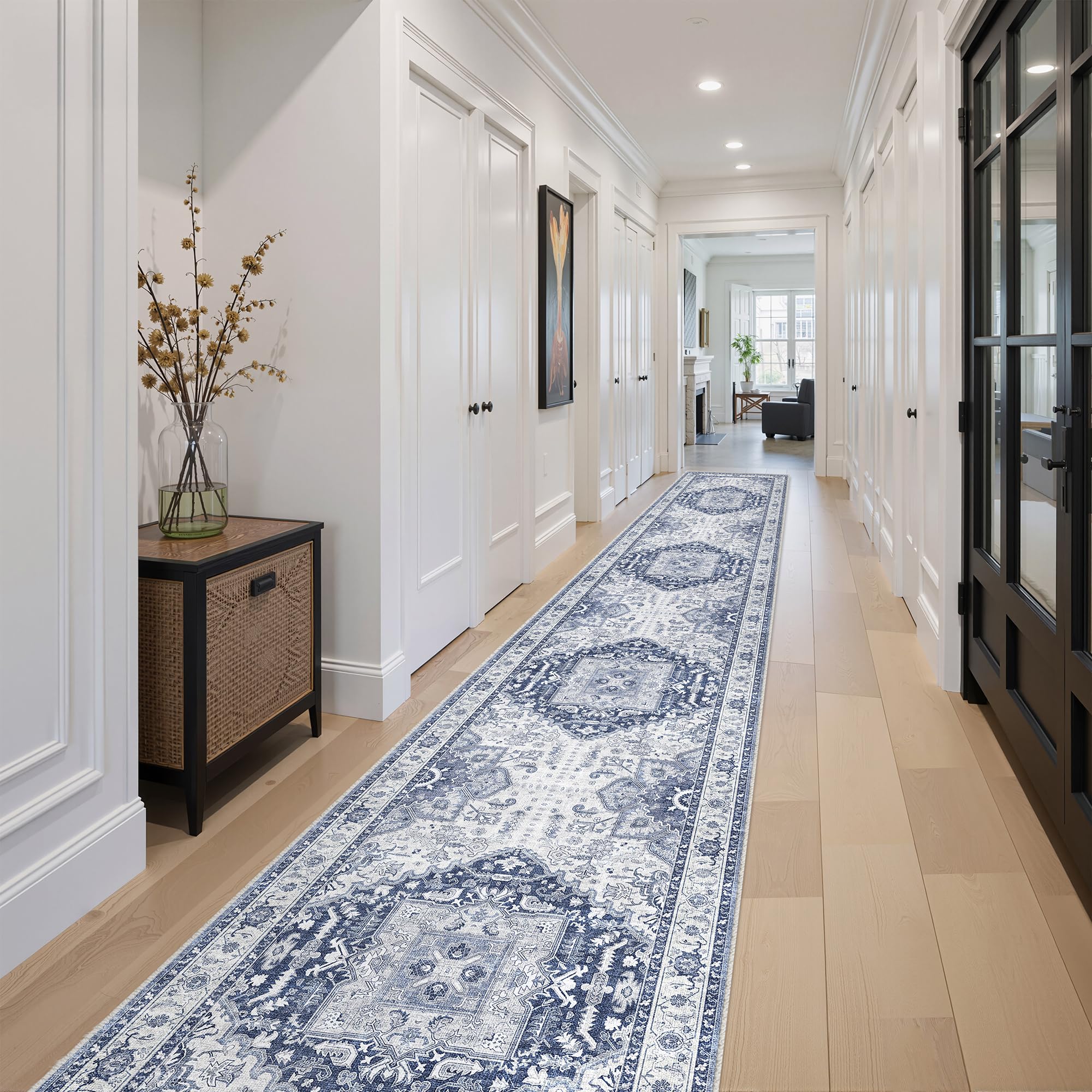 Washable 2.6x16 Hallway Runner Rug - Extra Long Non Slip Vintage Runner Rugs for Kitchen Stain Resistant Indoor Floor Mat Waterproof Carpet for Living Room Entryway Navy/Blue Image