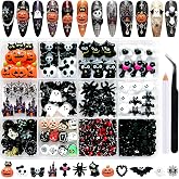LERBOU 12 Grids Halloween Nail Charms 3D Gothic Flatback Pumpkin Ghost | Dark Punk Nail Jewelry with Cross Eyeball Magic Cat Rhinestones for Halloween DIY Art Crafts