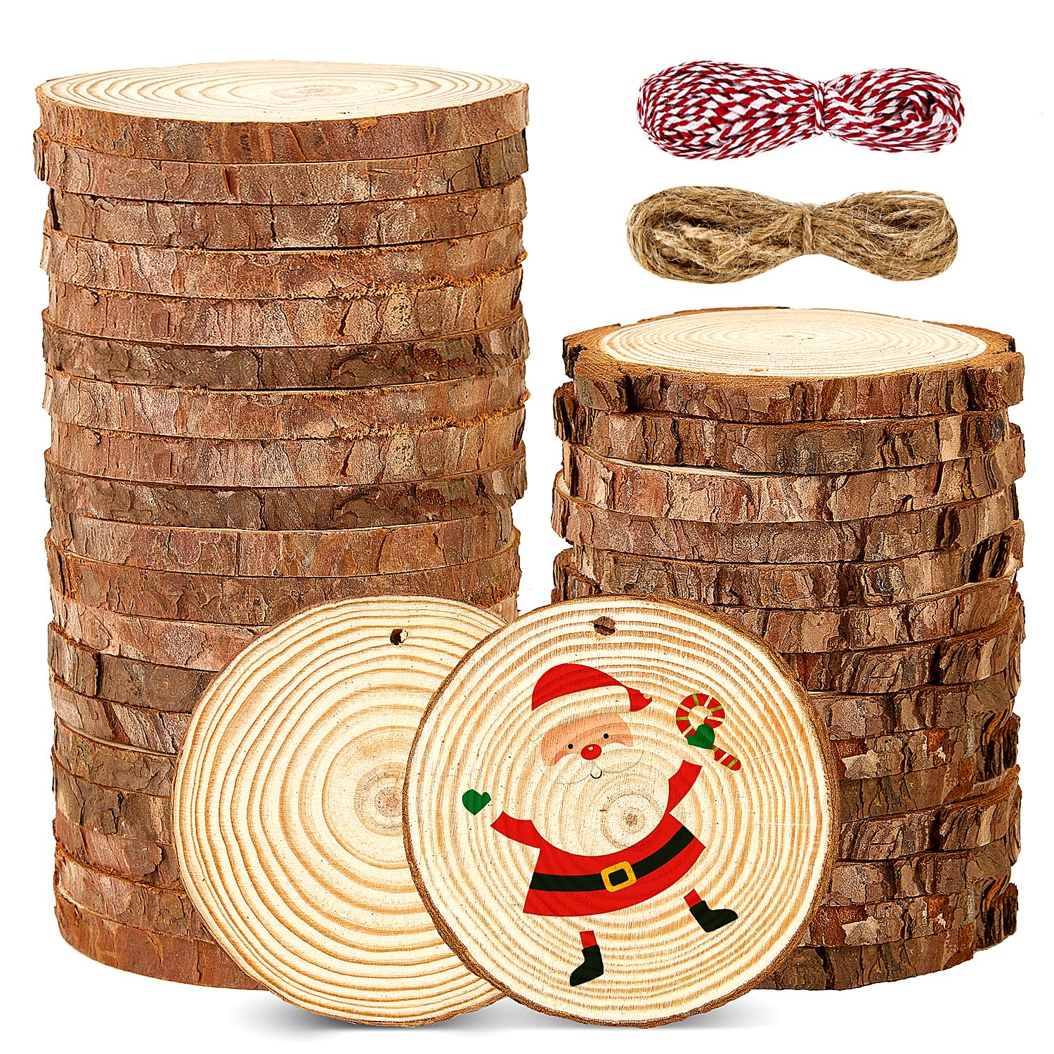 Hafuvool Wood Slices for Crafts 35Pcs 9-10cm Log Slices Unfinished Predrilled Wooden Discs with Twine, Wood kit Wooden Circles Slices for DIY Christmas Crafts Decorations Ornaments