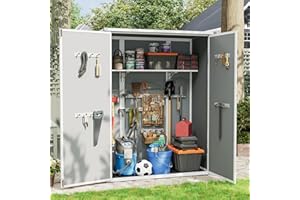 UDPATIO 38 Cu.ft Resin Outdoor Storage Shed with Floor, Vertical Plastic Tool Shed with Shelving Brackets for Backyard Pool Lawn Garden, Grey