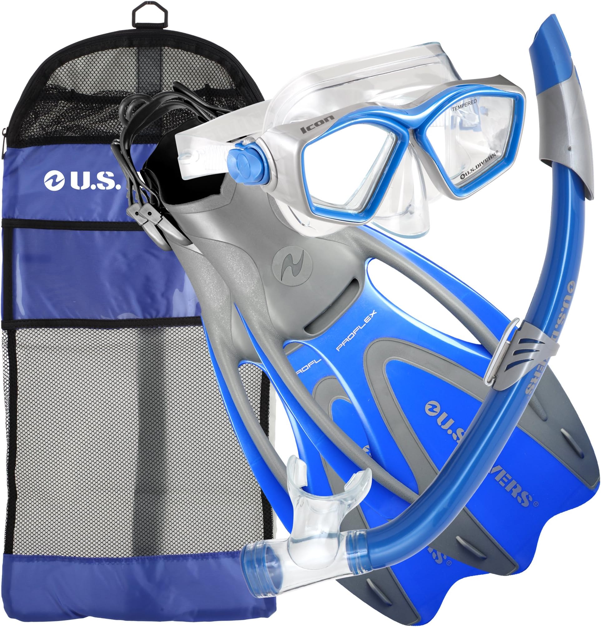 U.S. Divers Adult Icon Mask/Seabreeze Snorkel/Proflex Open Heel Fins/Gearbag