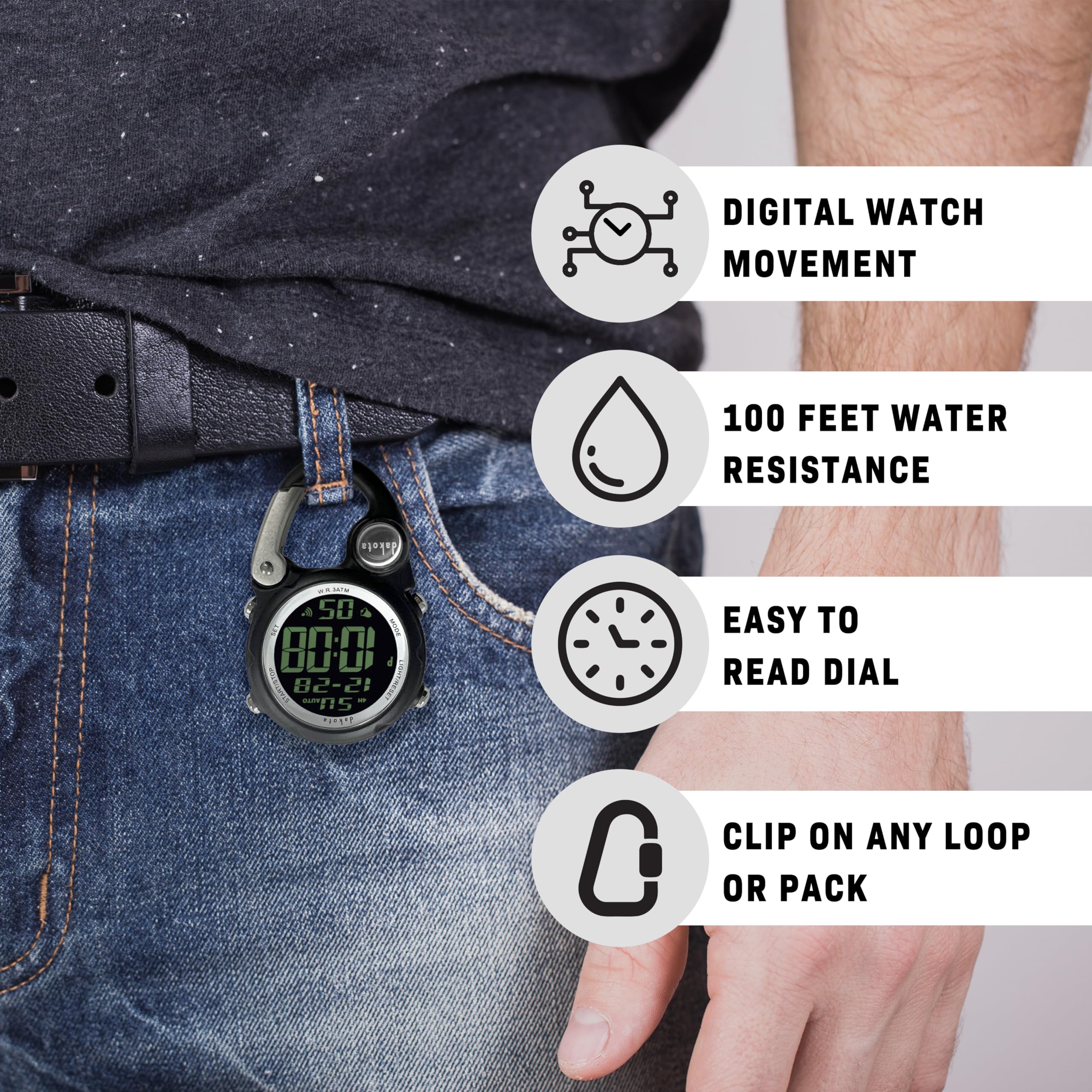 Dakota Digital Clip, Alarm, Stopwatch, Timer and Dual Time, Quality Pocket and Fob Watch, Premium Durability Outdoor Gifts for Men, Tactical Digital Clip on Watch