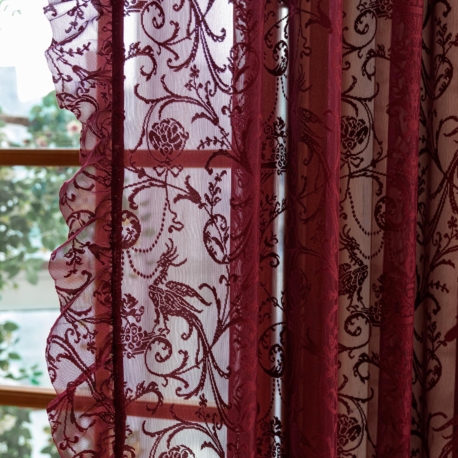 Photo 1 of TUDECO Burgundy Kitchen Curtains 45 Inch Length - Chic Short Lace Sheer Cafe Curtains for Window Over Sink, Light Filtering Floral Ruffle Rod Pocket Small Bathroom Curtain Set of 2, 59 x 45 Inch