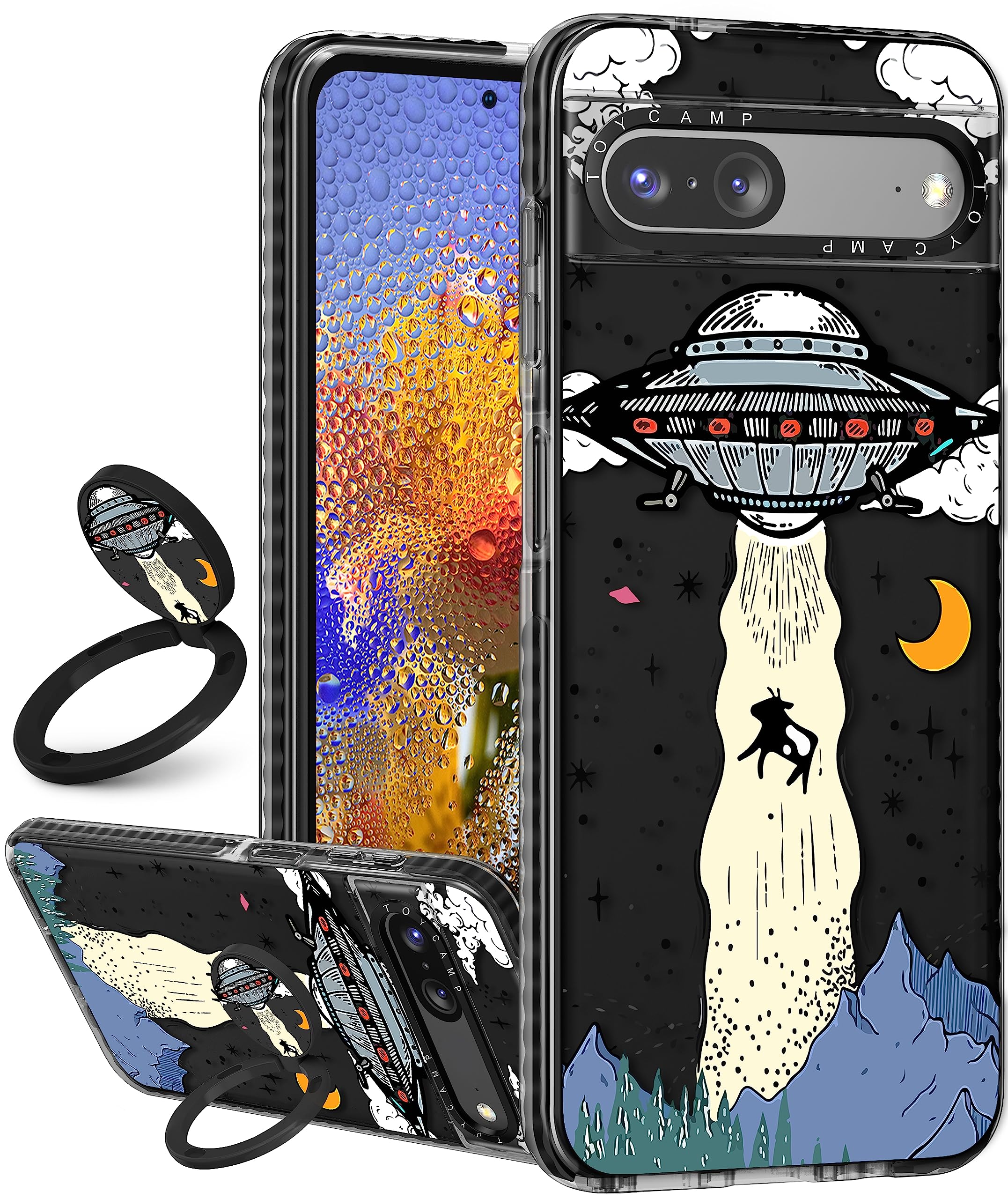 Photo 1 of Toycamp for Pixel 7 Case with Ring Holder, Cute Cool UFO Alien Spacecraft Designer Cartoon Shockproof for Google Pixel 7 Cases for Women Girls Boys Teens Kids 6.3" Black