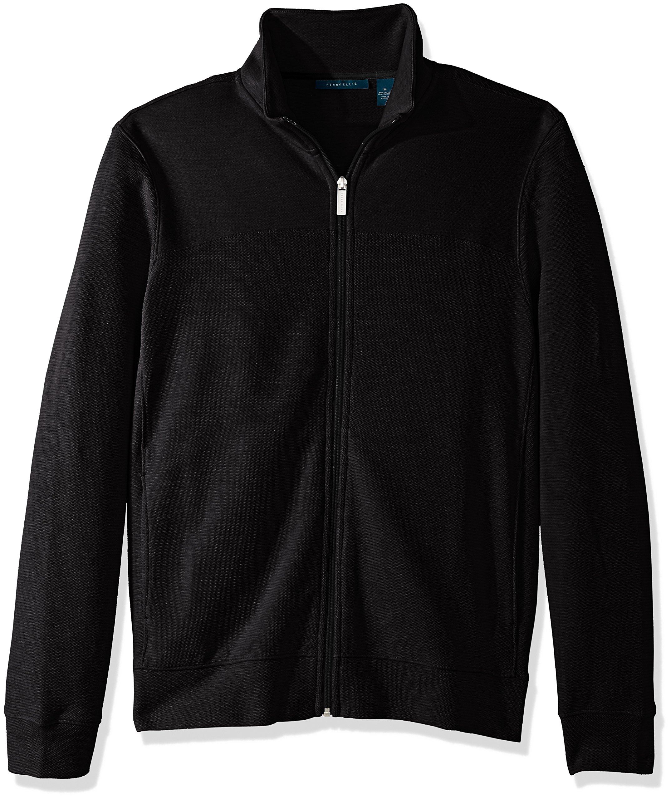 Perry Ellis Men's Cotton Blend Full Zip Texture Knit Jacket, Black