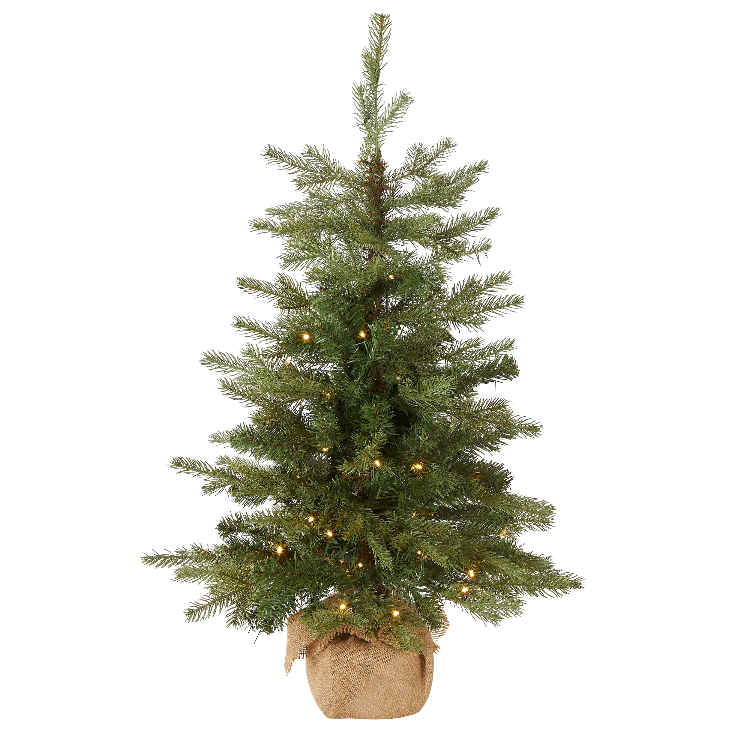 Photo 1 of National Tree Company 3 ft Pre-Lit Nordic Spruce Mini Artificial Christmas Tree, Burlap Base, Red Bow, 50 Clear LED Lights, 363 Tips, Timer, Green