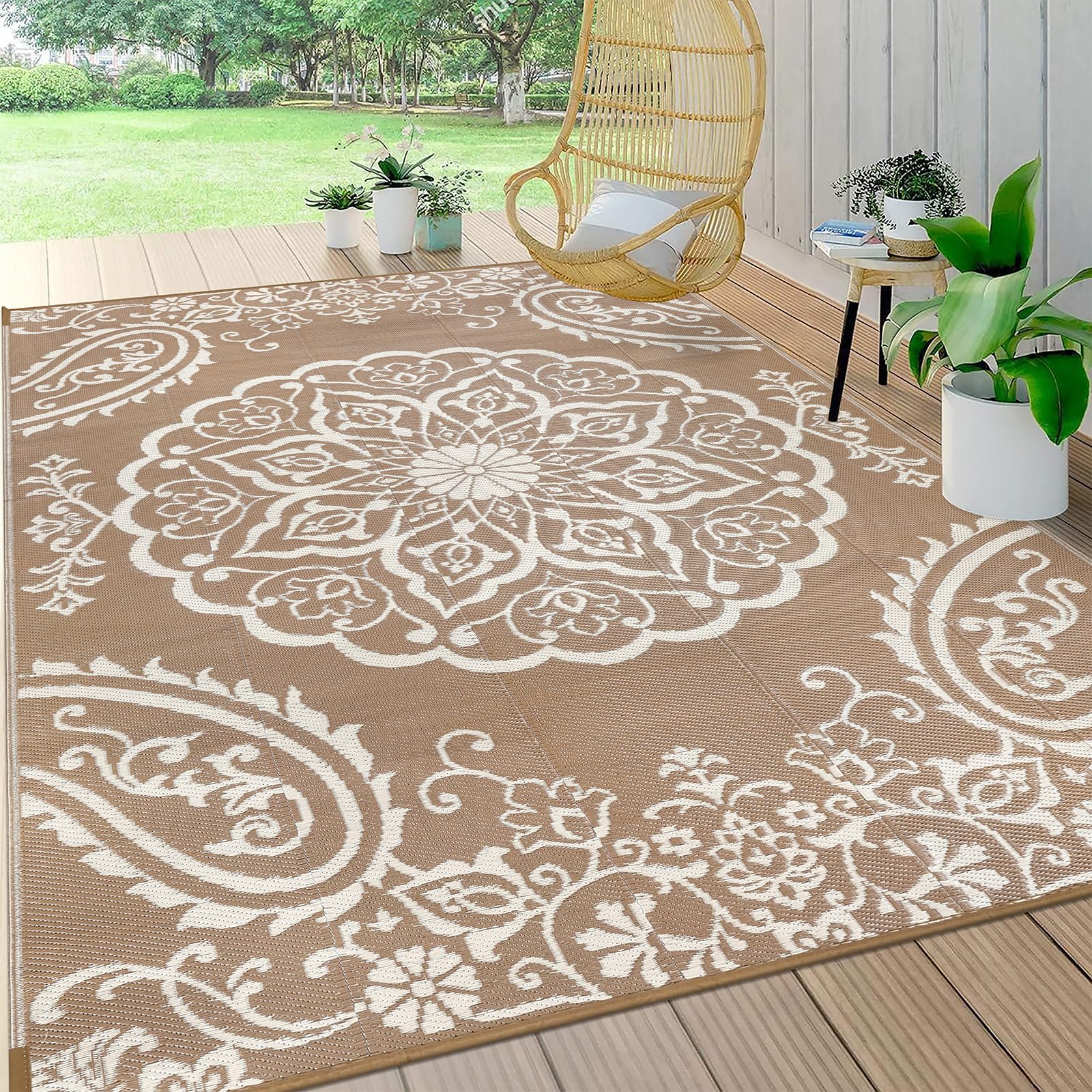 Photo 1 of Pauwer Waterproof Outdoor Rug 5x8, Reversible Plastic Straw Patio Camping Rug, Indoor Outdoor RV Mat Carpet for Deck, Camper, Porch, Balcony, Backyard, Picnic, Boho Brown