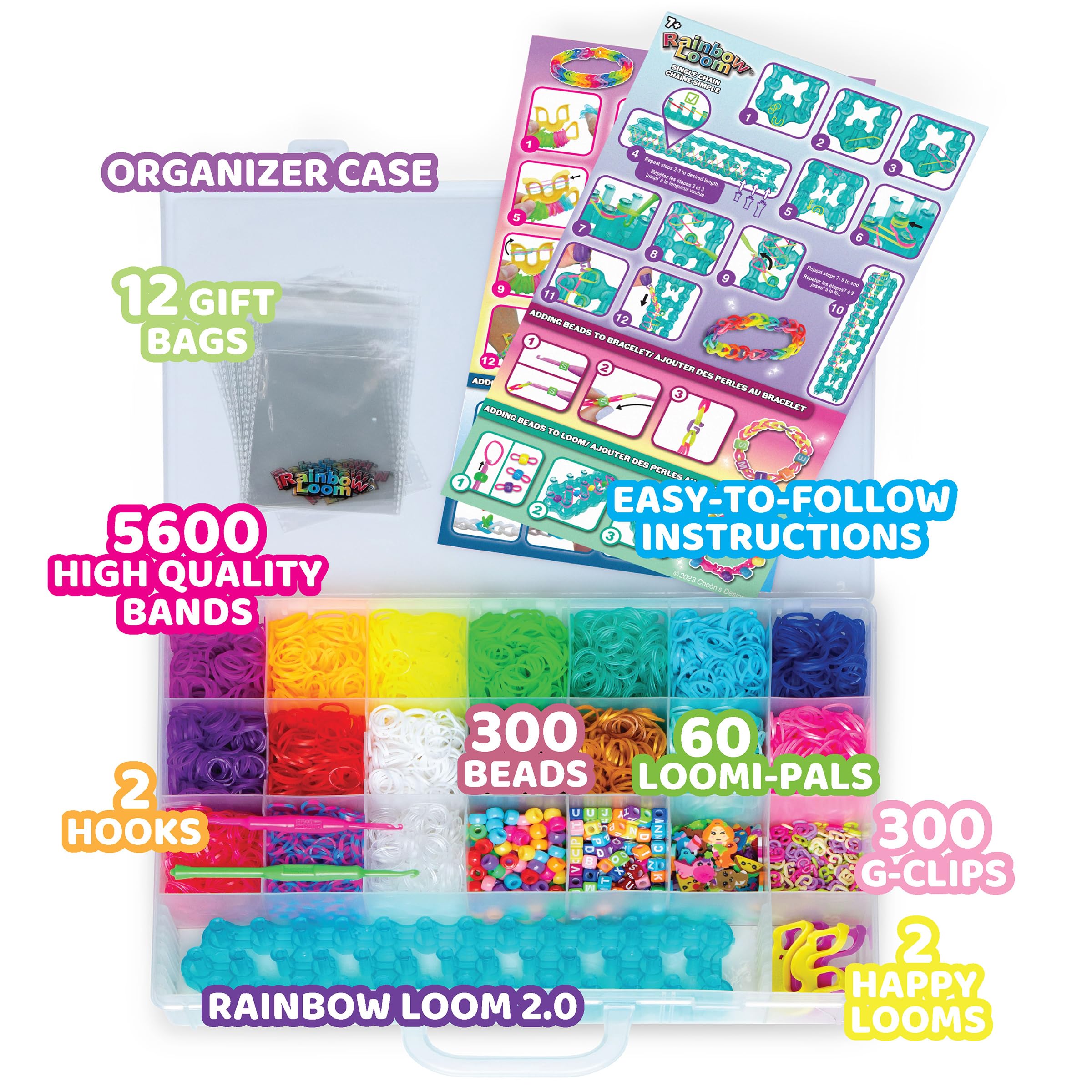 Rainbow Loom® Loomi-Pals™ MEGA Combo Set, Features 60 Cute Assorted LP Charms, The New RL 2.0, Happy Looms, Hooks, Alpha & Pony Beads, 5600 Colorful Bands All in a Carrying Case for Boys and Girls 7+