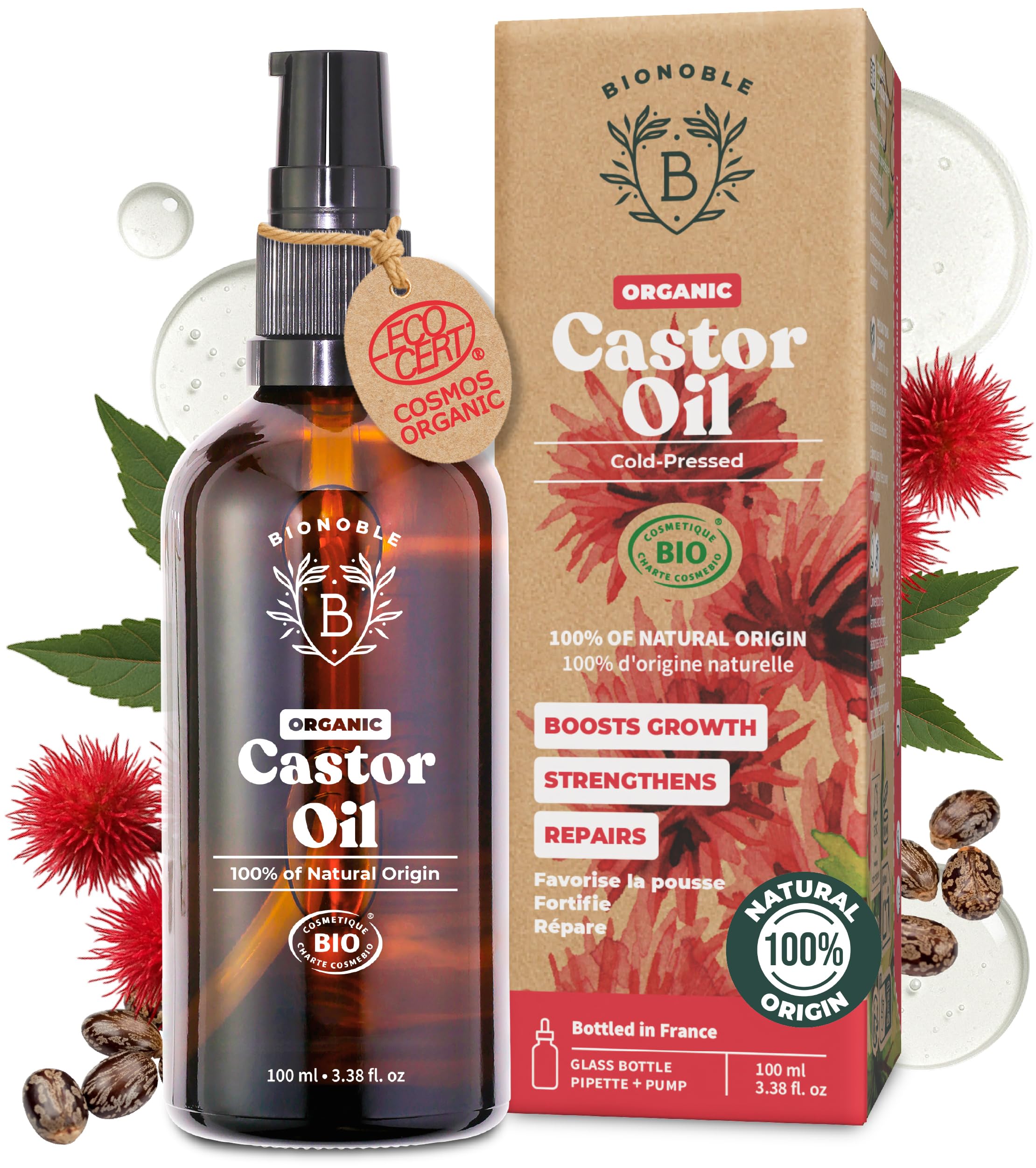 BIONOBLE Organic Castor Oil Cold Pressed - Hexane Free, 100% Natural - Pure Castor Oil Organic for Eyelashes, Hair Growth, Eyebrows, Skin, Face - Glass Bottle with Pipette and Pump - 100ml