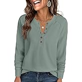 ANRABESS Women's Long Sleeve Waffle Knit Shirts Dressy Casual Loose Button Up V Neck Henley Tops 2026 Fall Basic Tee Blouse