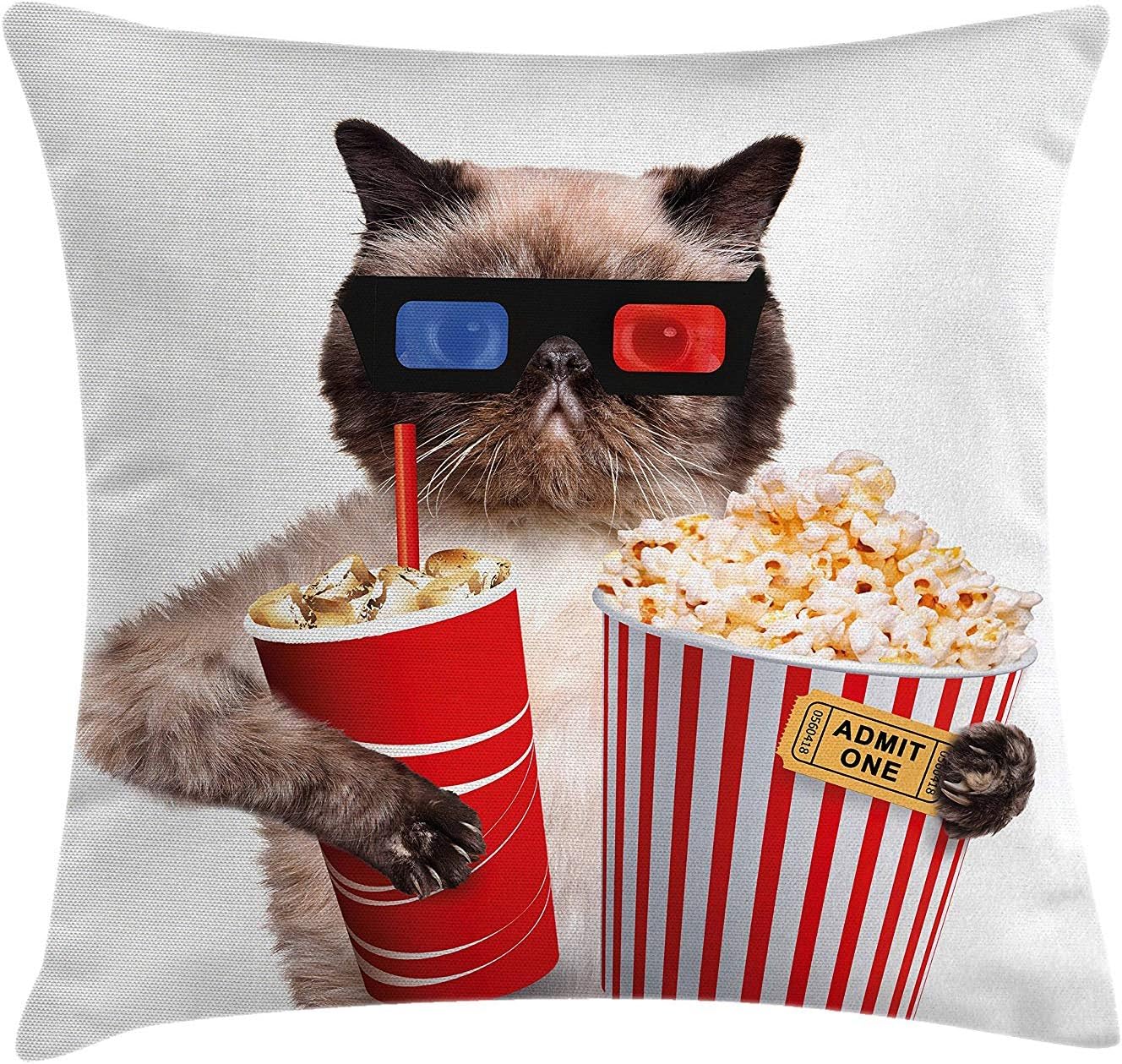 VTXINS Movie Theater Decor Throw Pillow Cushion Cover by, Cat with Popcorn and Drink Watching Movie Glasses Entertainment Cinema, Decorative Square Accent Pillow Case, Multicolor 16x16in