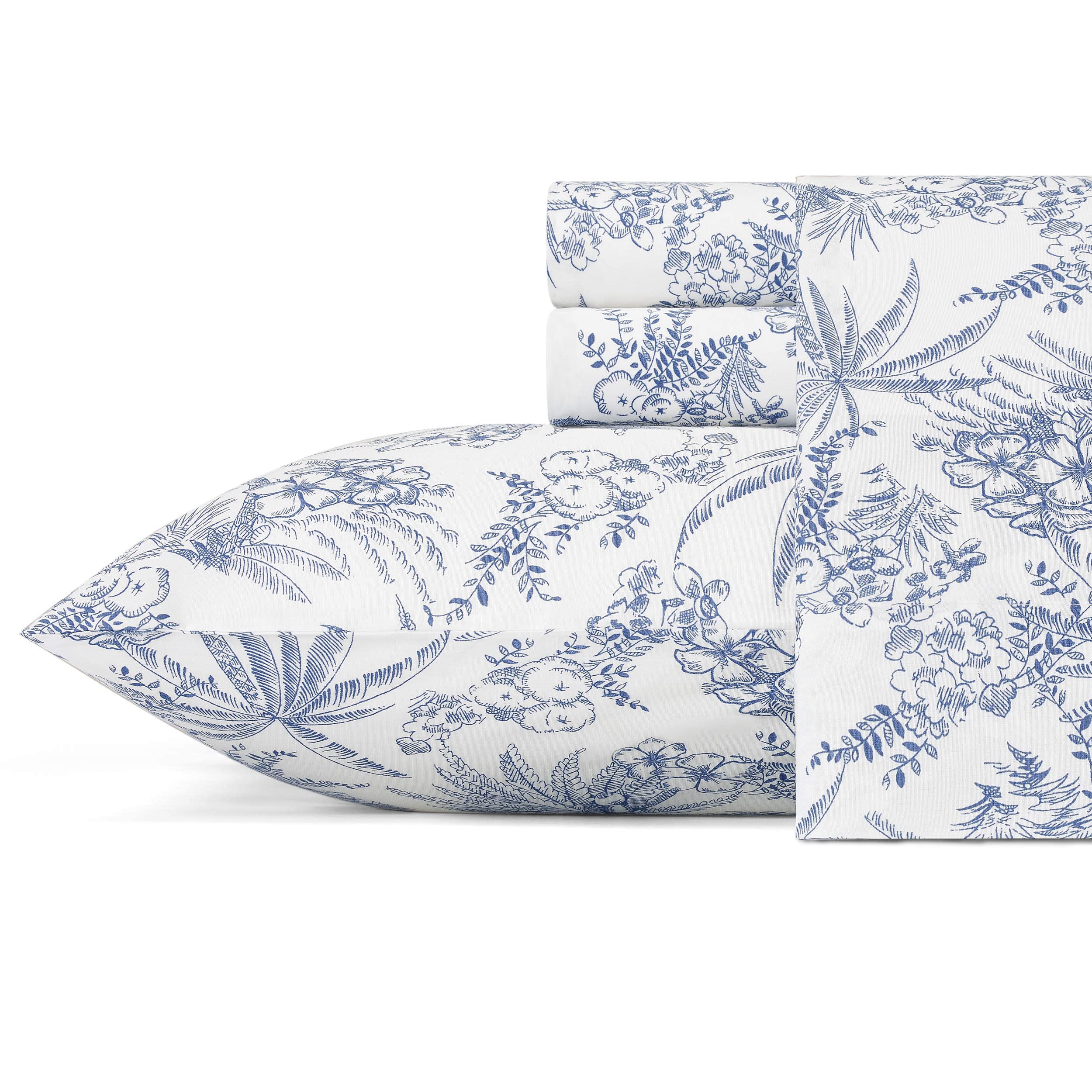 Tommy Bahama Sheet Set-100, Crisp & Cool, Lightweight & Moisture-Wicking Bedding, Cotton, Pen and Ink Palm Blue, Queen