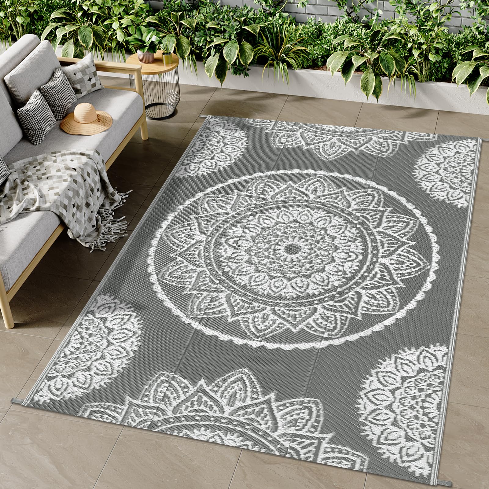 Famibay Outdoor Rug Waterproof Plastic Straw Garden Rugs Reversible Outdoor Rug 120 x 180 cm Patio Carpet UV Resistant Portable Indoor Area Rug for RV Balcony Picnic Grey