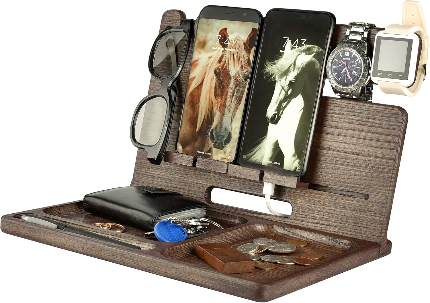 Soporte de madera para teléfono celular, soporte para reloj, base móvil