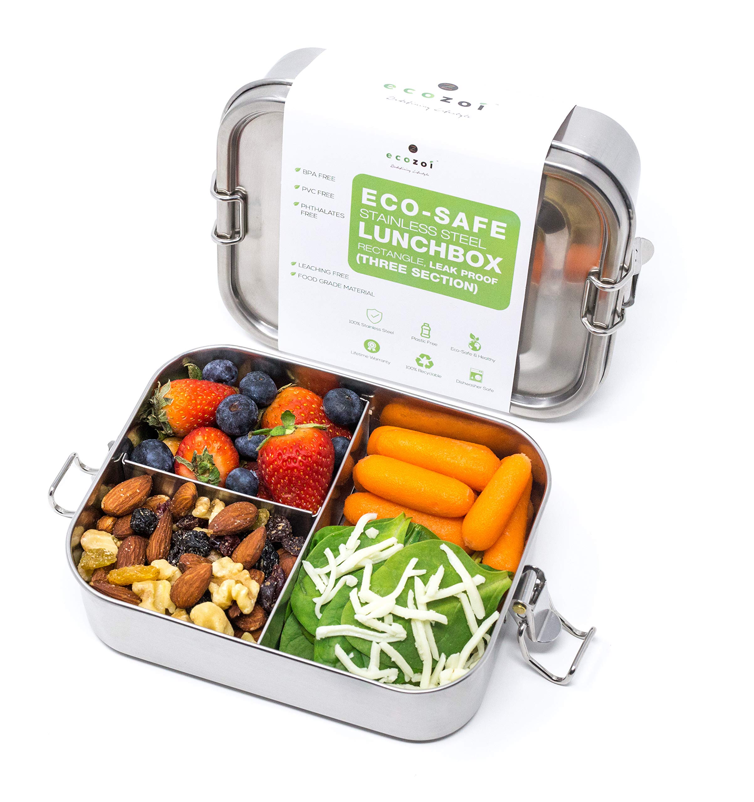 Photo 1 of ecozoi Stainless Steel Lunch Box, Leak Proof Metal Bento Box with 3 Compartments, 24 Oz Bento Box, BPA Free Meal Prep Food Container | Bonus 50 ml Sauce Container