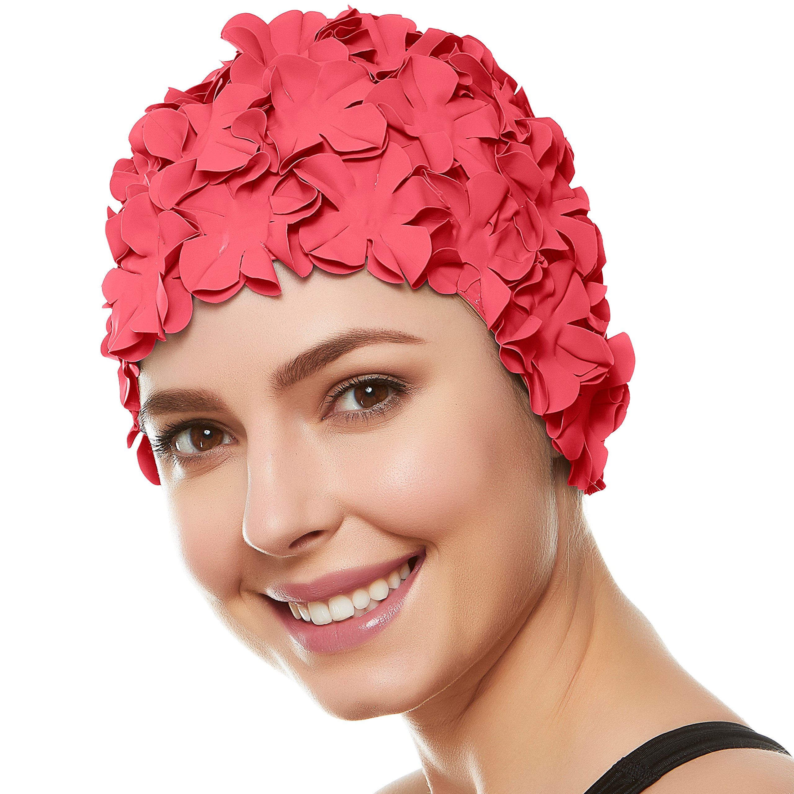 Beemo Floral Petal Swim Cap for Women – Retro Style Vintage Bathing Cap Swimming Hat for Long and Short Hair - Coral Pink