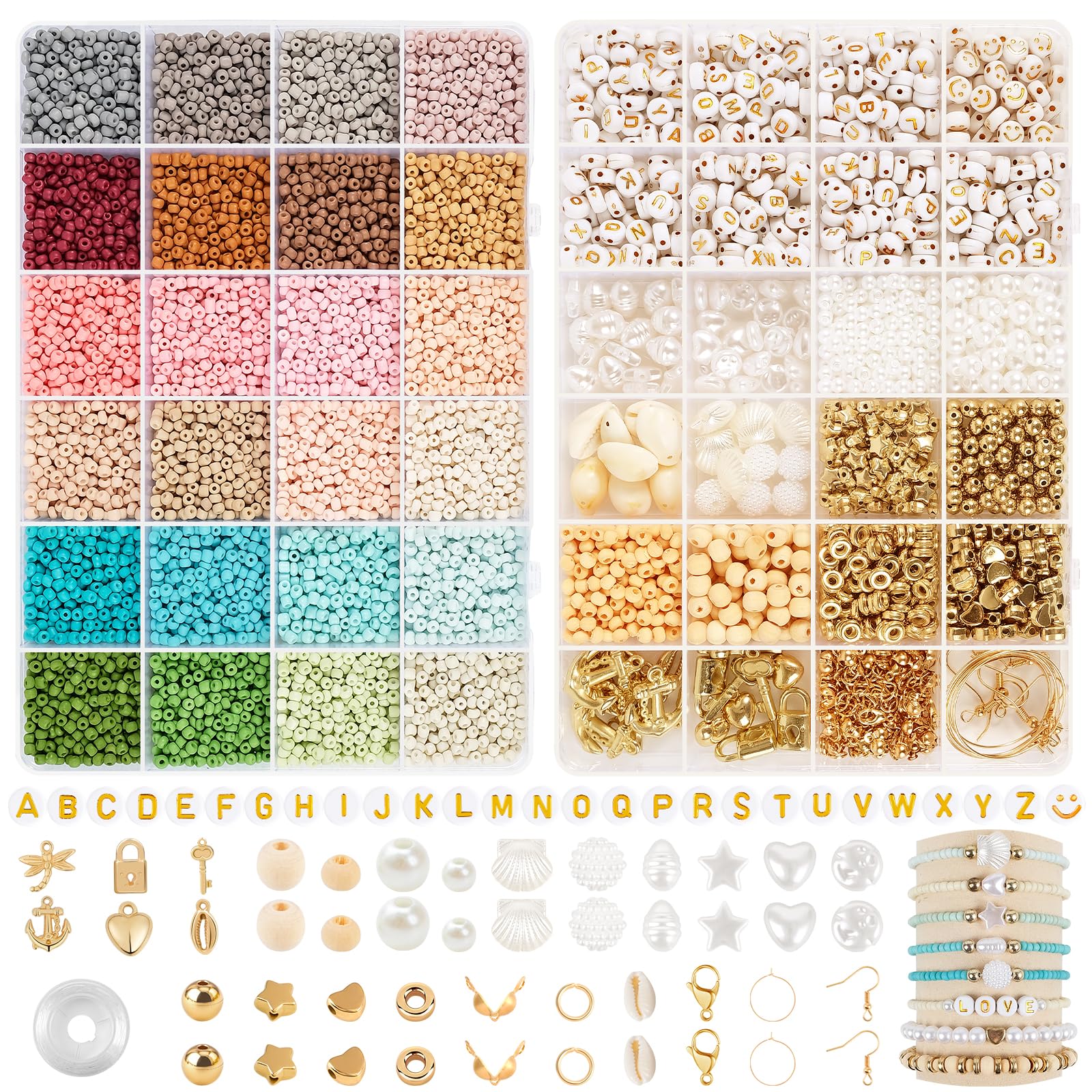 Ruby 3mm Seed Beads for Bracelet Making, 24 Morandi Colours with Letter ＆ Wooden Beads - for Boho Jewelry Making Kit