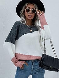ECOWISH Women Sweater Dropped Shoulder Color Block
