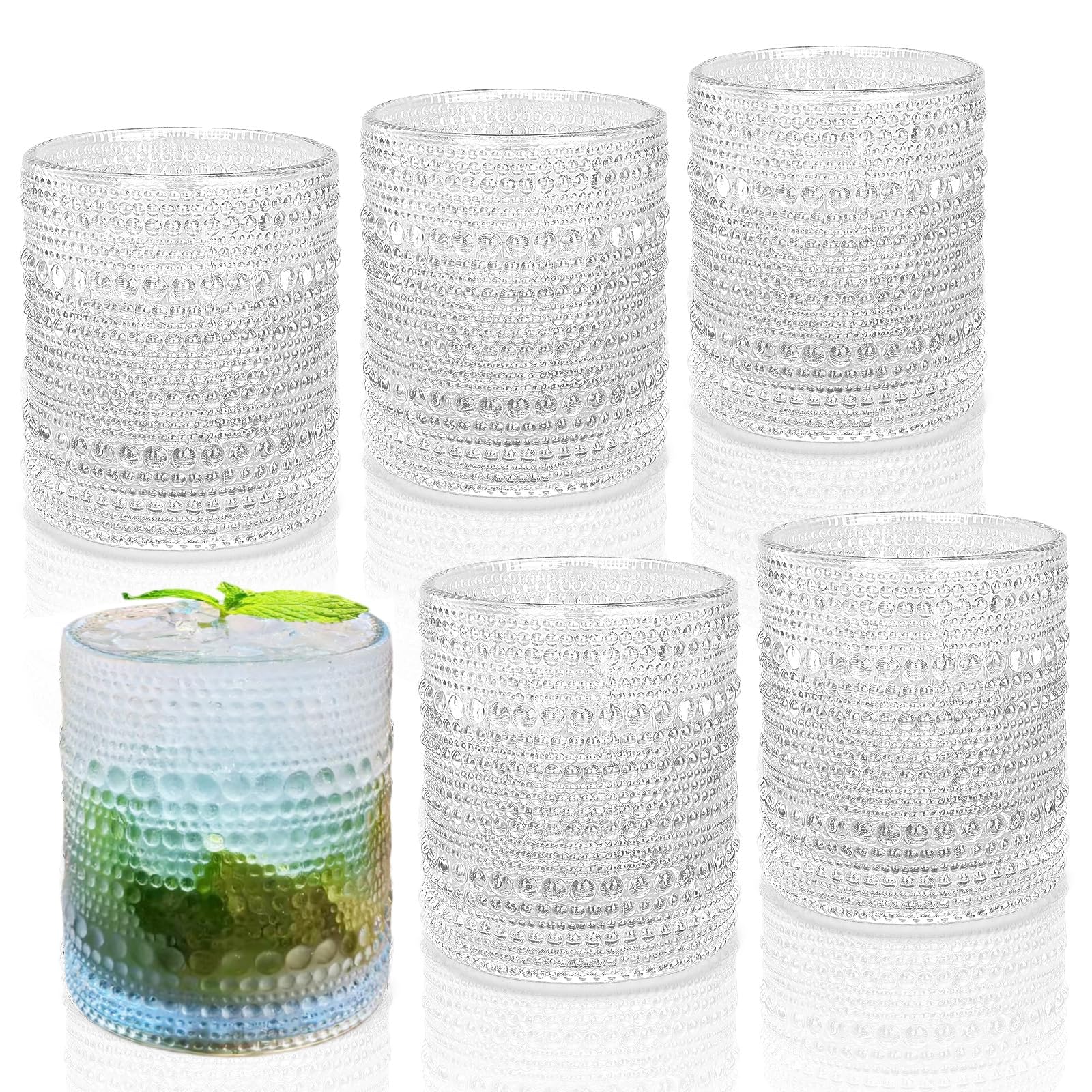 Photo 1 of Hobnail Drinking Glasses Set of 6, 10 oz, Cocktail Glasses Vintage Glasses Drinking Set Glass Cups Mixed Drinkware Set Vintage Glassware Set for Juice, Cocktail, Whisky, Soda, Beverages. Clear