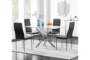 NIERN 5 Piece Dining Table Table Set, Glass Dining Table Set for 4 Kitchen Table Set with 4 upholstered Chairs for Kitchen Dining Room (Sliver Table with Black Chair)