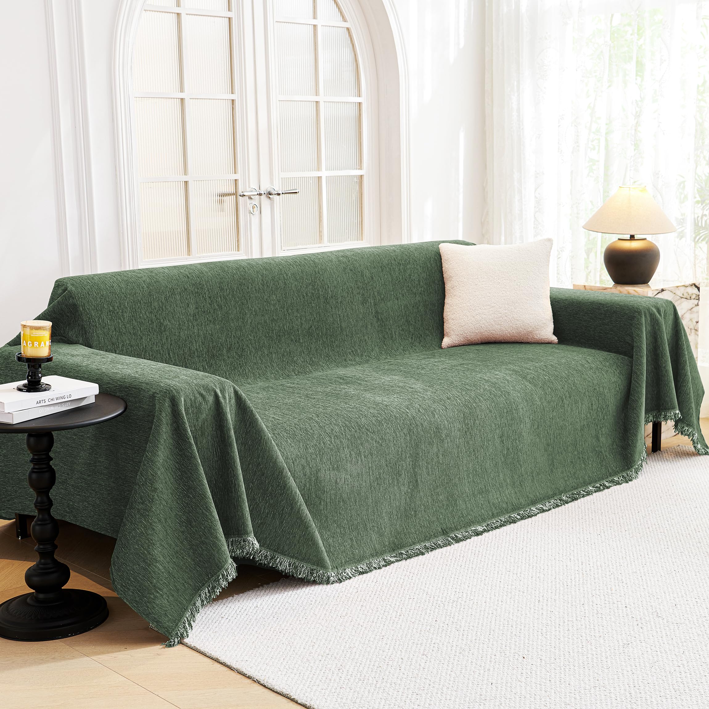 Photo 1 of MYSKY HOME Couch Cover for Sofa Couch Covers for Pets, Non Slip Dogs Furniture Protector with Tassels for Living Room Non Slip Washable Furniture Protector Cover for Pet, Cat, 91"x118", Moss Green