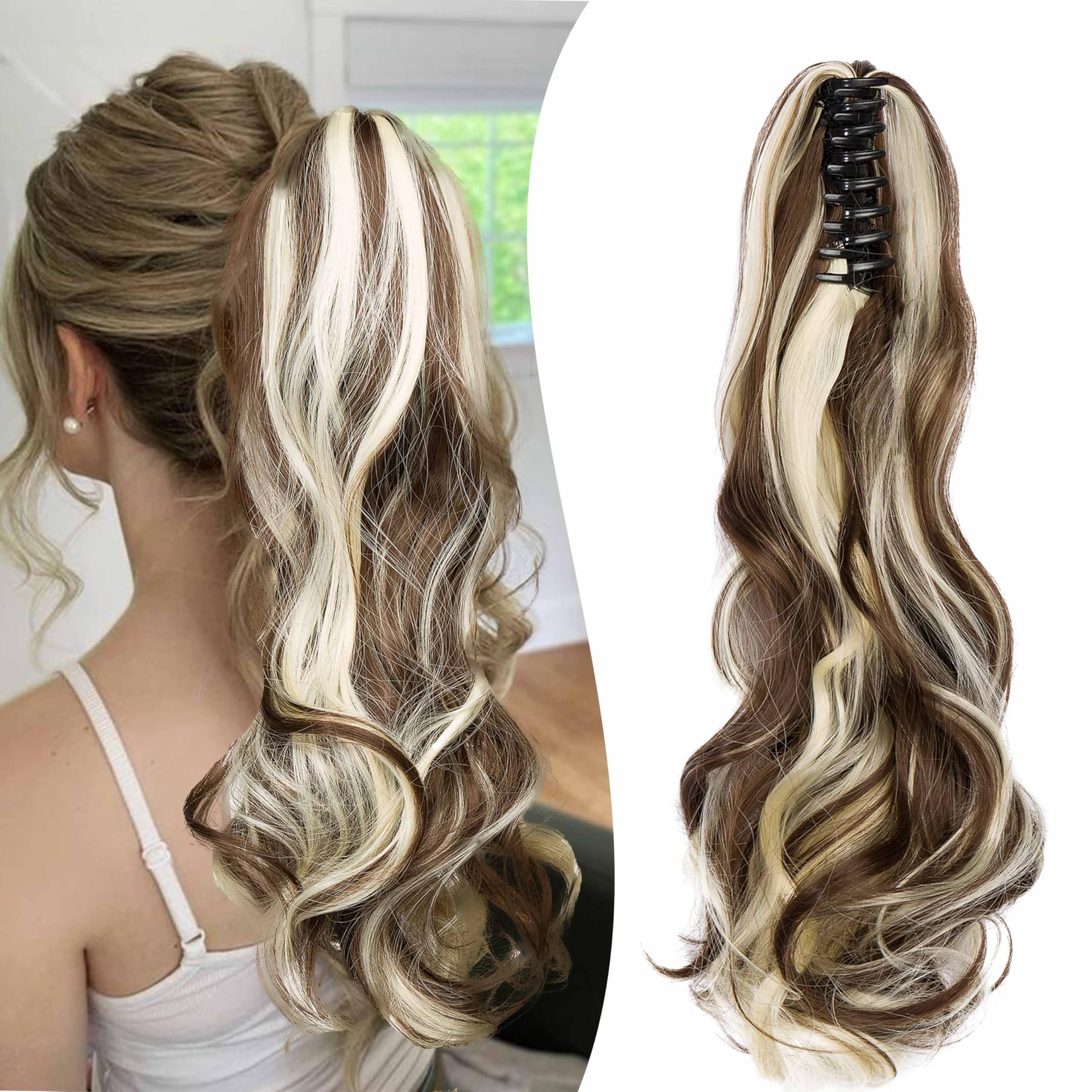 Gairyan 20inch Ponytail Extension Clip in Ponytail Hair Extensions Curly Wavy Pony Tails Claw on Ponytail Long Wave Synthetic Hairpieces for Women Soft Real Look (Chestnut Brown & Bleach Blonde)