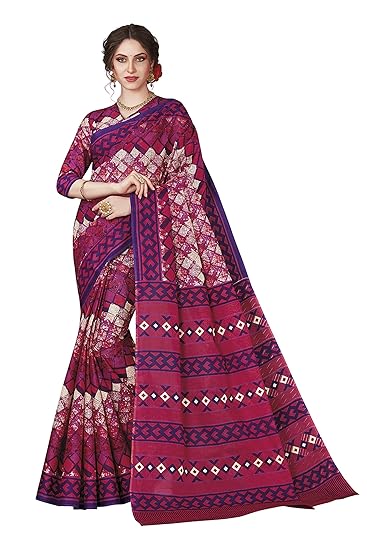 Womens Pure Cotton Printed Saree with Blouse Piece (SKR5635_Pink-Blue)