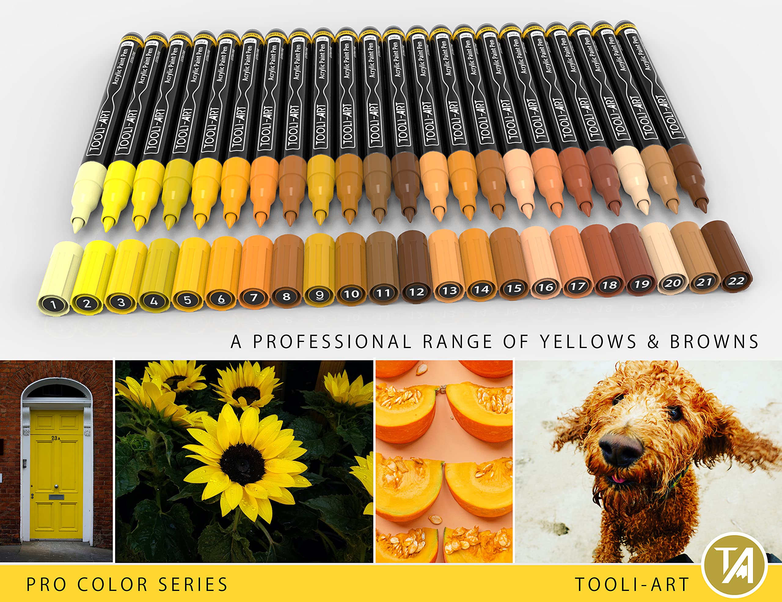 Acrylic Paint Pens 22 Yellow & Brown Tones Assorted Pro Color Series Markers Set 0.7mm Extra Fine Tip for Rock Painting, Glass, Mugs, Wood, Metal, Canvas, Projects, Non Toxic, Waterbased, Quick Drying