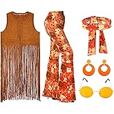 SATINIOR 5 Pcs 60s 70s Outfits for Women Hippy Accessories Disco Costume Set Fringe Hippie Mardi Gras Vest Flared Pants