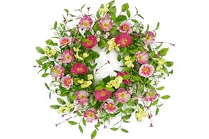 Furisin Artificial Spring Summer Wreath with Pink Poppy Flowers, Green Leaves for Front Door Indoor Outdoor Farmhouse Home Wall Window Festival Wedding Decor.