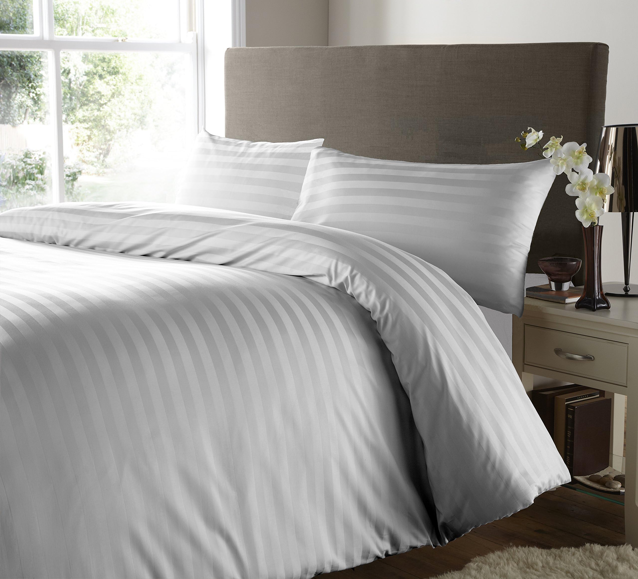 400 Thread Count Stripe Duvet Bedding Cover Set with Housewife Pillowcase 100% Egyptian Cotton Double King Super King Size (Grey, King)