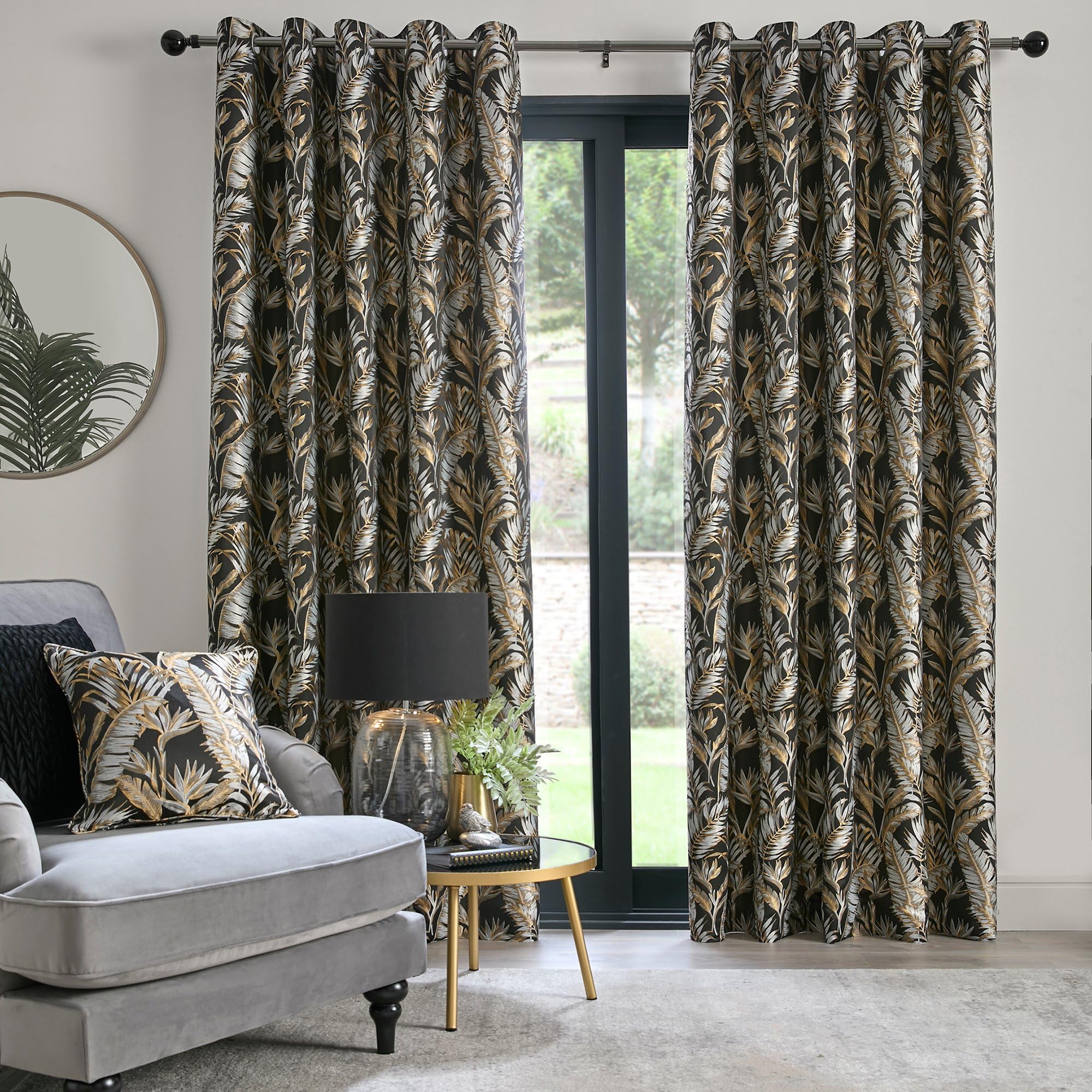 Laurence Llewelyn-Bowen - Black Tropical Palm Tree Curtains W66 x L54 (168 x 137cm) - Jacquard Curtains with Floral Leaf/Fern - Luxury Drapes for Living Room & Bedroom - Paradise Palm Collection