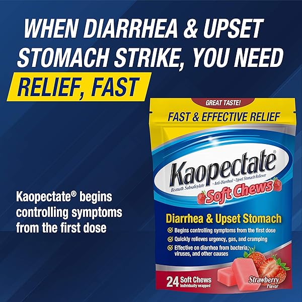 KAOPECTATE SOFT CHEWS, BISMUTH SUBSALICYLATE, ANTI-DIARRHEAL AND UPSET STOMACH RELIEVER – 24 COUNT