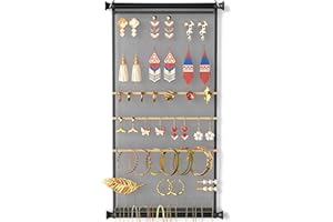 Josmimic Mesh Earring and Necklace Holder Wall Hanging with Wooden Rods and Hooks, Jewelry Display