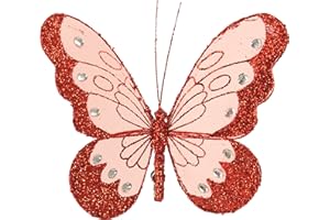 CalCastle Craft 6 Piece 7" Glittered Nylon Butterfly with Back Clip Wedding Party Home Décor (Red)