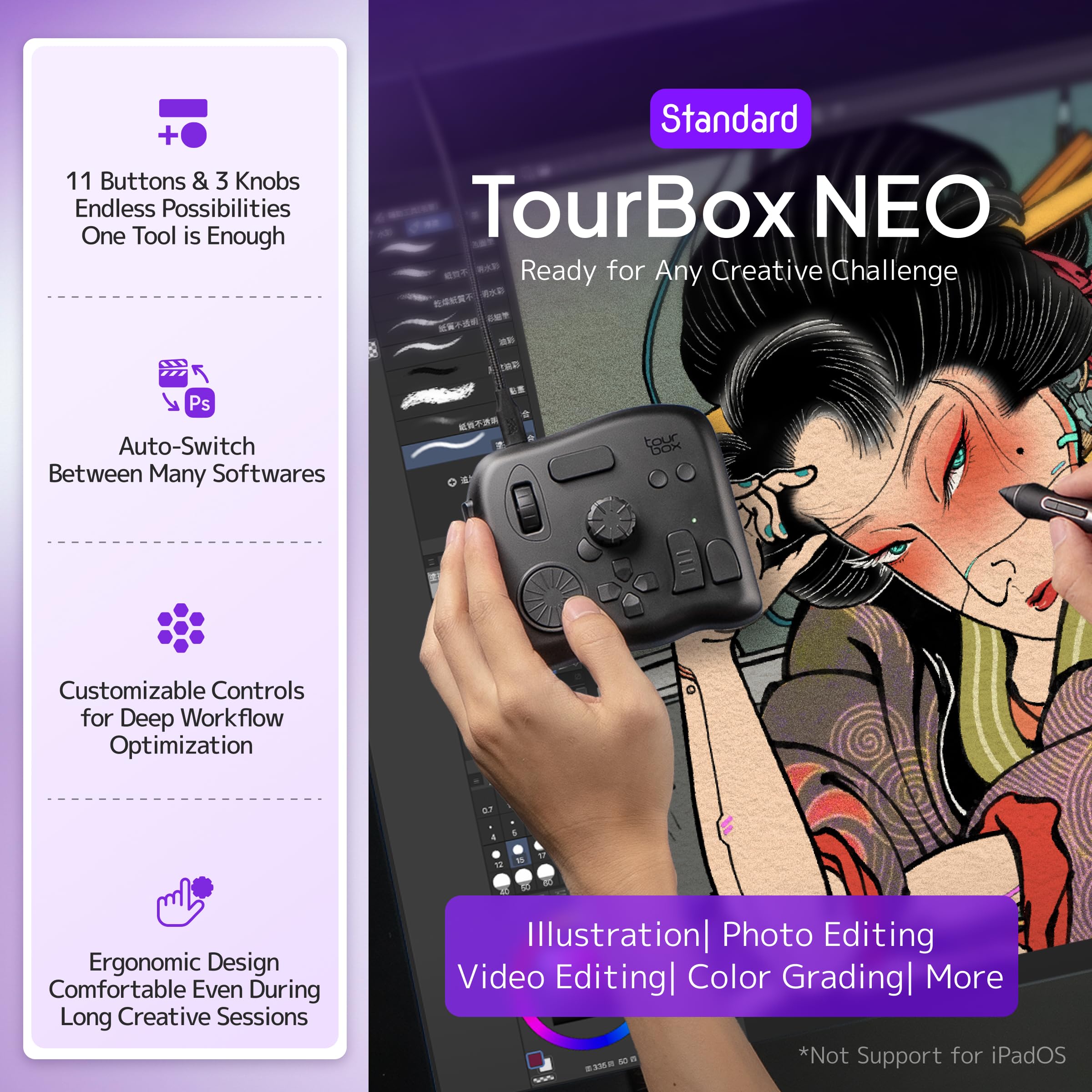 TourBox NEO - Custom Controller for Photo Video Editing, Color Grading, Ilustration, MacOS/Windows, Photoshop Lightroom Davinci Resolve After Effects Premiere FCPX Programmable Keyboard Bundle