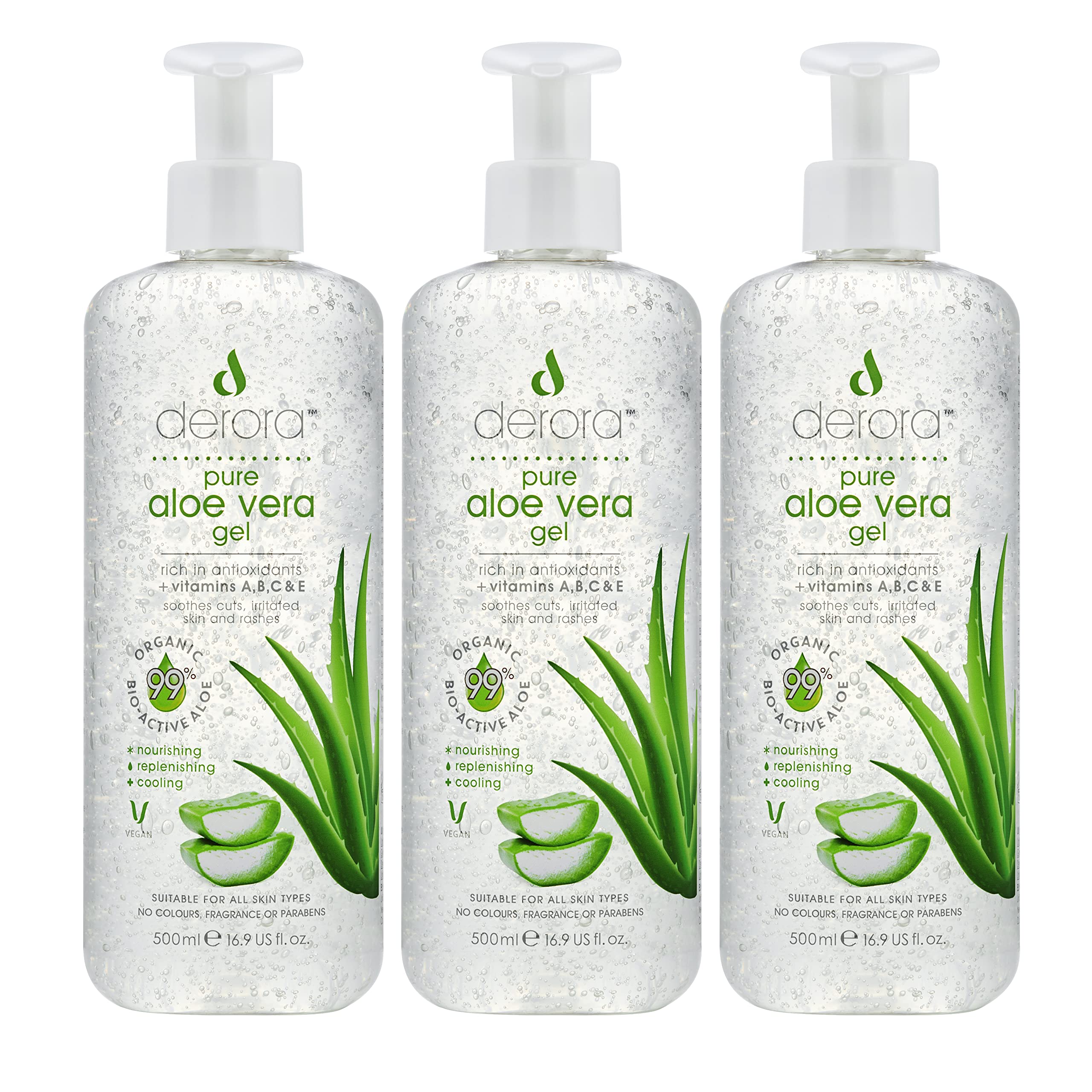 Aloe Vera Gel by Derora | Contains 100% Pure, Organic & Natural Bio Active Aloe Ingredients | for Healing, Soothing & Hydrating the Skin, Face & Body | Cruelty Free & Vegan (500ml (Pack of 3))