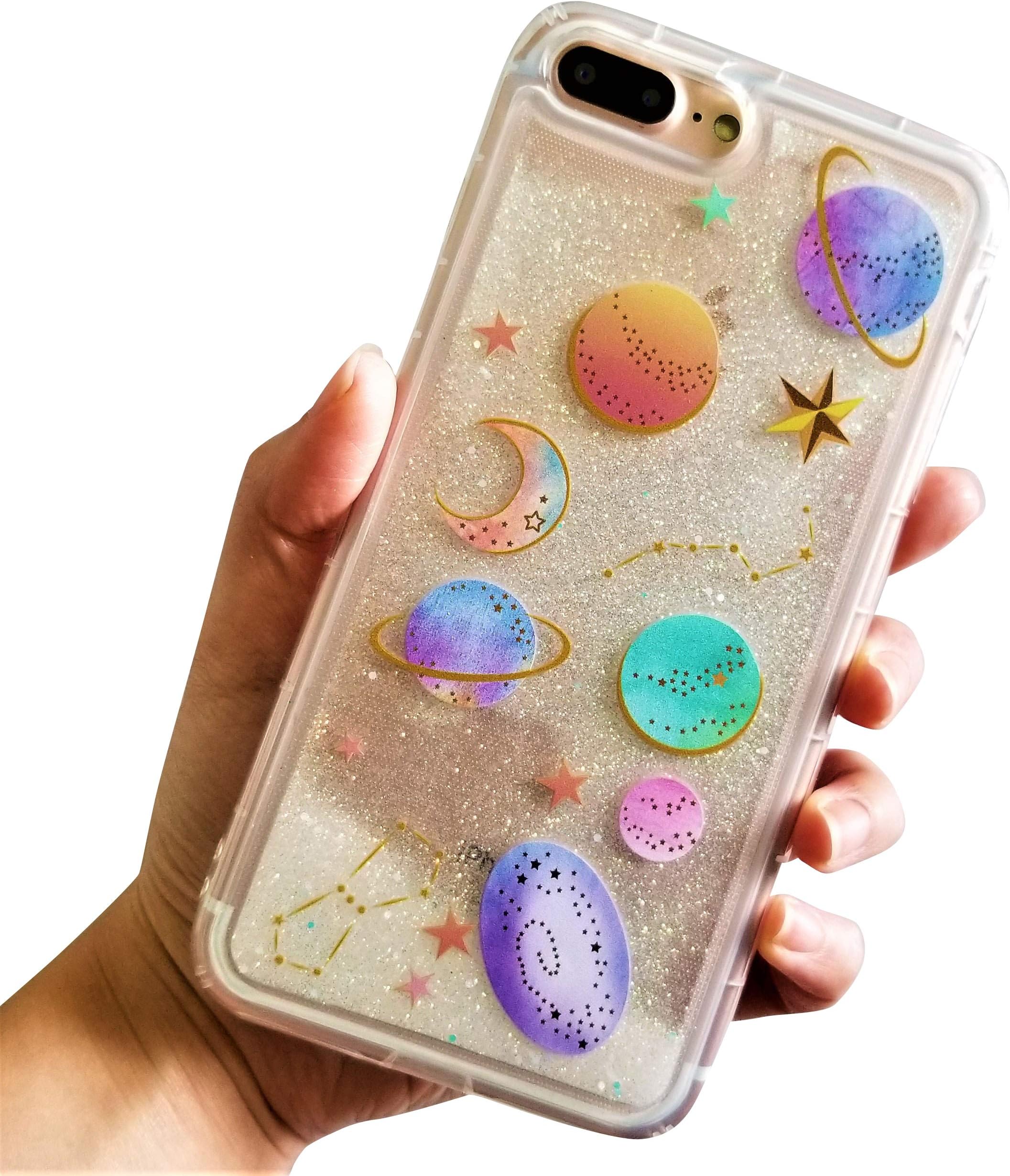 for iPhone 7 Plus 5.5" for iPhone 8 Plus 5.5" Cute Clear Transparent Floating Moon Stars Planet Outer Space Liquid Waterfall Bling Glitter Soft Case