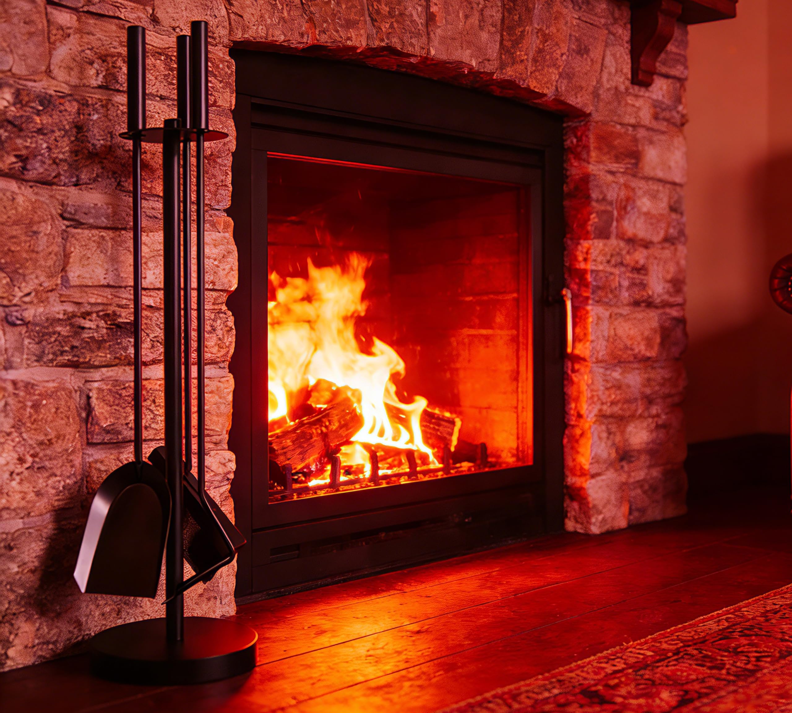 Kingson Fireplace Tools Set Includes Brush, Shovel, and Poker Dia17.5x59.5cm Durable Log Burner Accessories and Fireside Companion Set Black